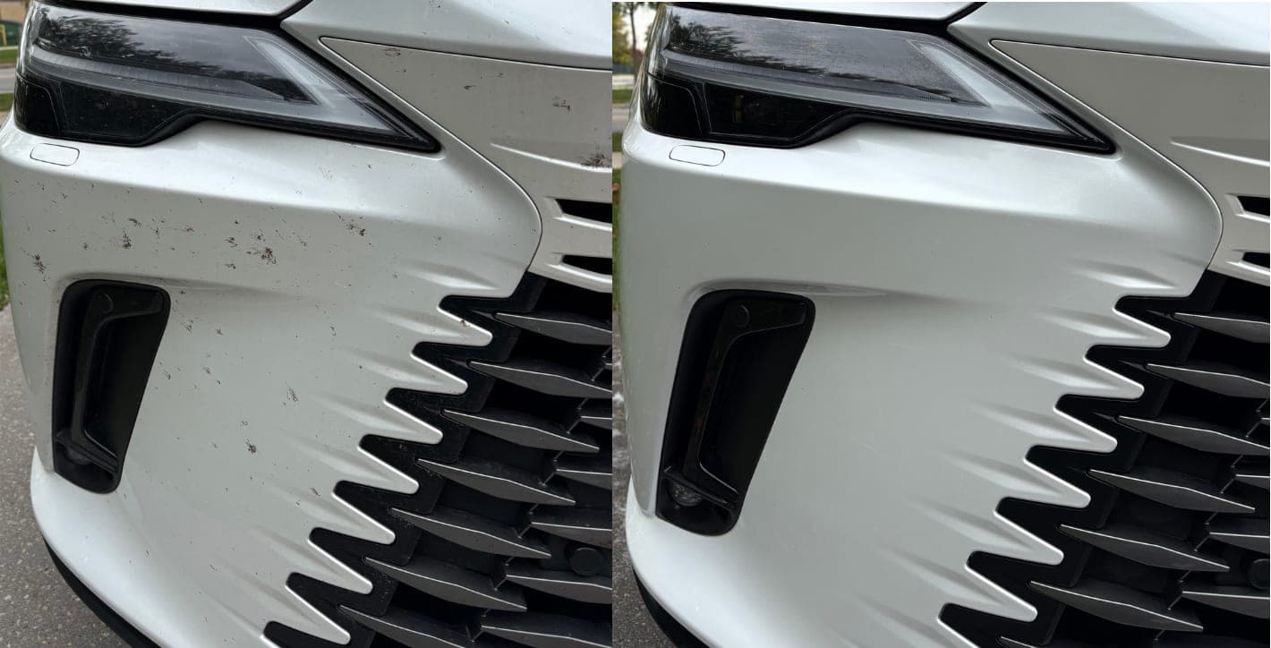 Before and after a detailing service, front grille restored to a clean, premium finish