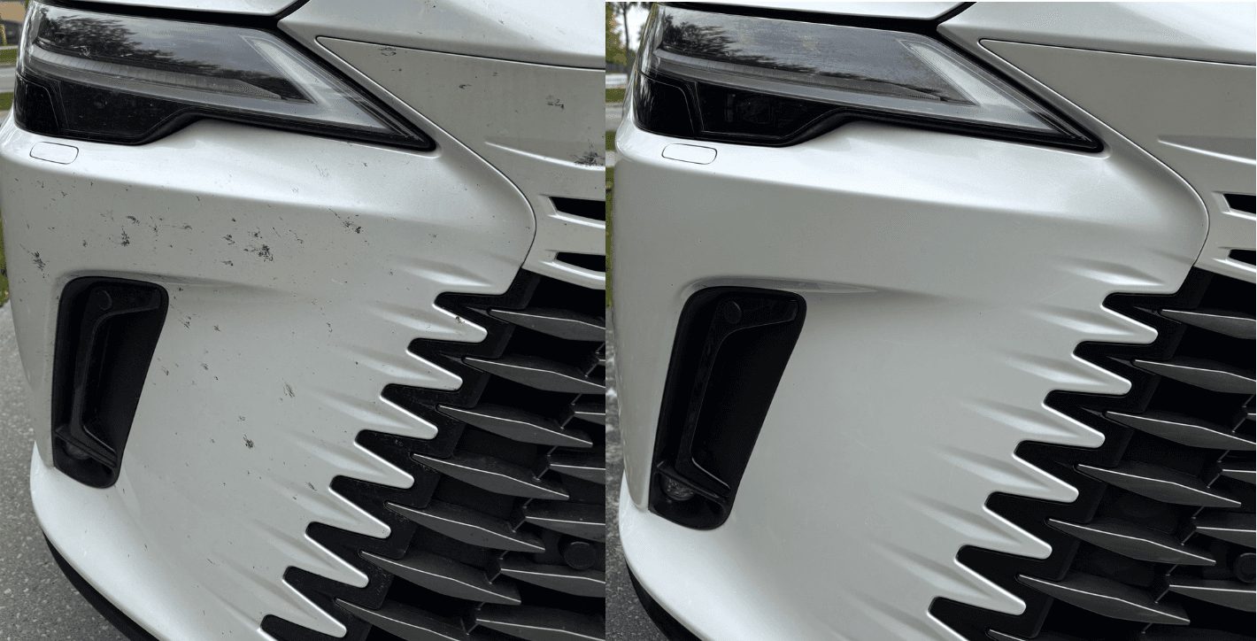 Before and after detailing comparison — front grille cleaning